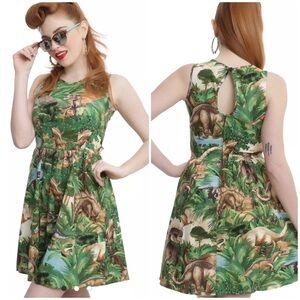 Retrolicious Green Dinosaur Print Fit & Flare Mini Dress Sz L